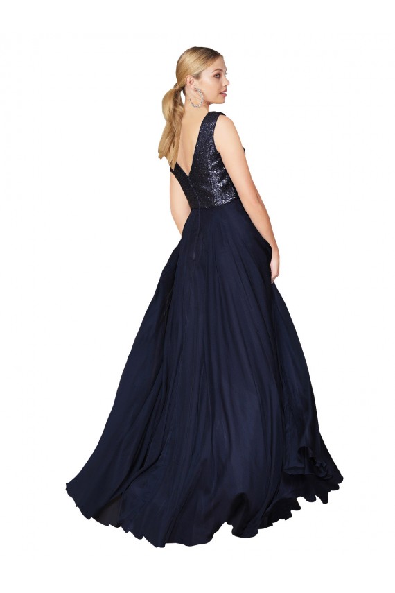 Discount Sleeveless Dark Navy V-Back A-Line High Neck Soft Chiffon & Sequin Prom Dress Canada
