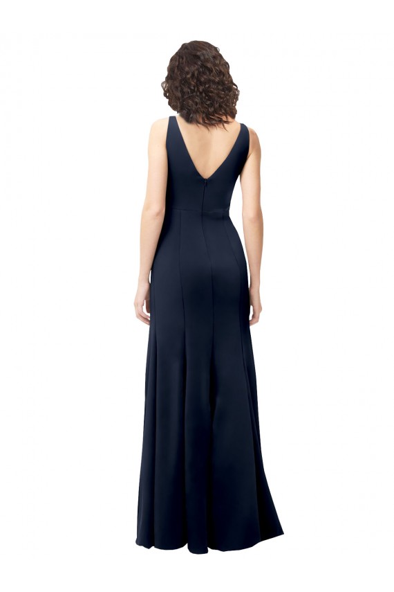Discount Sleeveless Dark Navy V-Back A-Line High Neck Stretch Crepe Prom Dress Canada