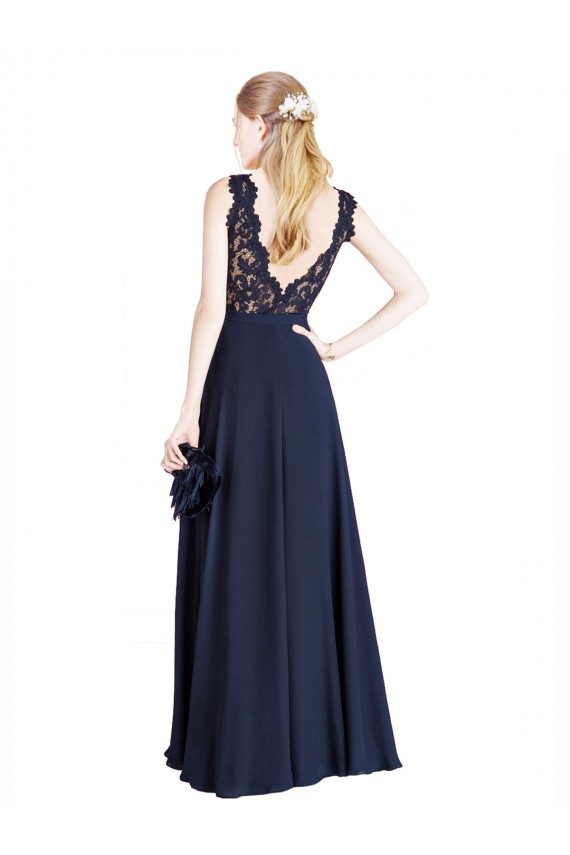 Discount Sleeveless Dark Navy V-Back A-Line Illusion Neck Prom Dress Canada