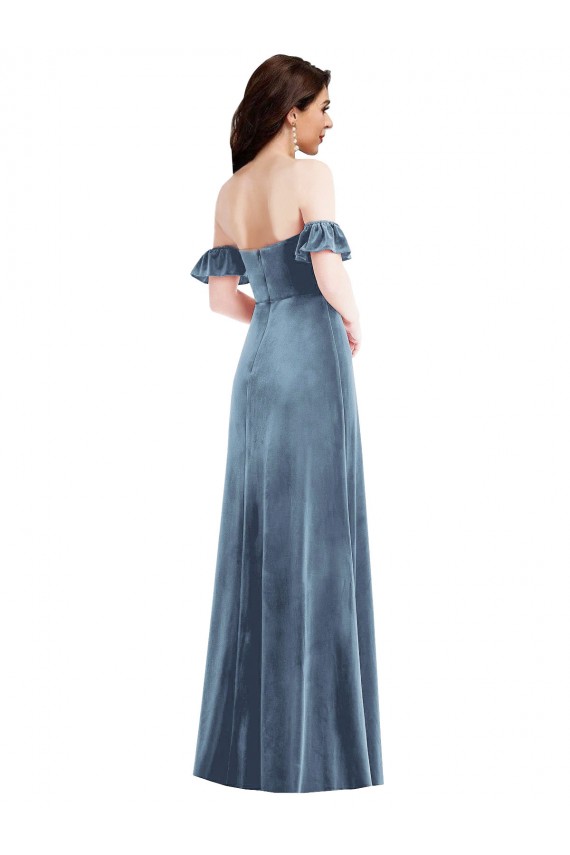 Discount Ruffle Sleeves Dusty Blue Low Back A-Line Off the Shoulder Prom Dress Canada