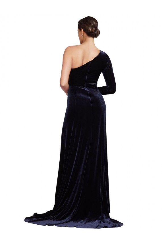 Discount Long Sleeves Dark Navy A-Line One Shoulder Prom Dress Canada