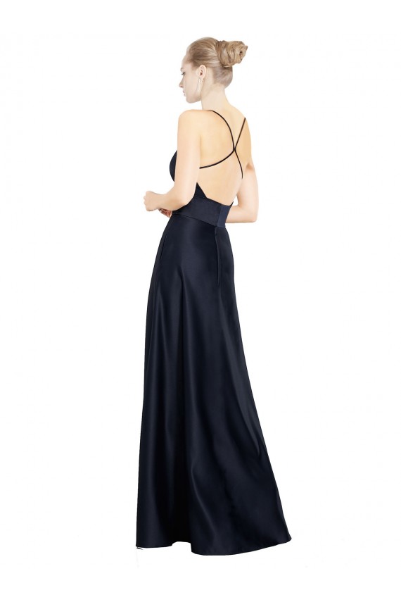 Discount Sleeveless Dark Navy A-Line V-Neck Satin Prom Dress Canada