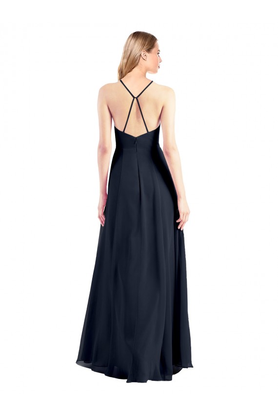 Discount Sleeveless Dark Navy Open Back A-Line V-Neck Soft Chiffon Prom Dress Canada
