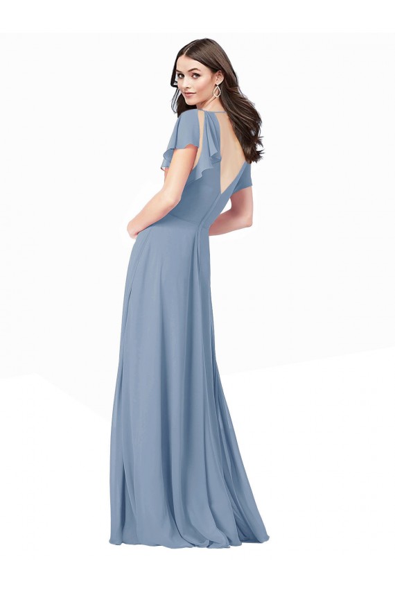 Discount Cap Sleeves Dusty Blue A-Line V-Neck Black Tie Prom Dress Canada