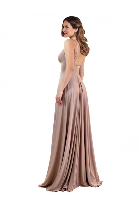 Discount Sleeveless Dusty Pink Low Back A-Line V-Neck Black Tie Prom Dress Canada