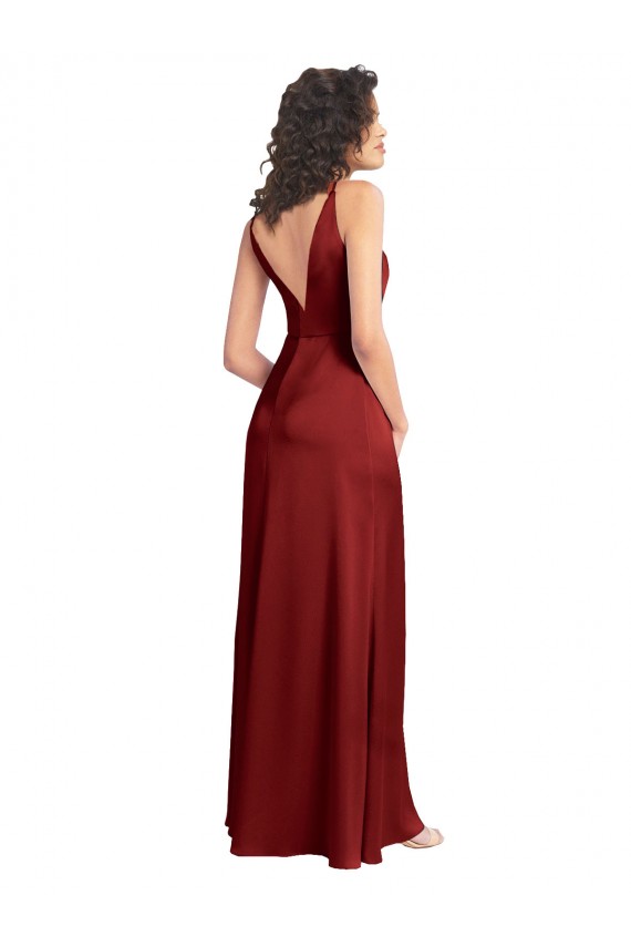 Discount Sleeveless Burgundy V-Back A-Line Stretch Satin V-Neck Prom Dress Canada