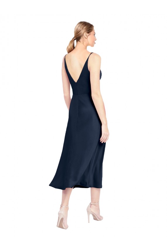 Discount Sleeveless Dark Navy V-Back A-Line Stretch Satin V-Neck Prom Dress Canada