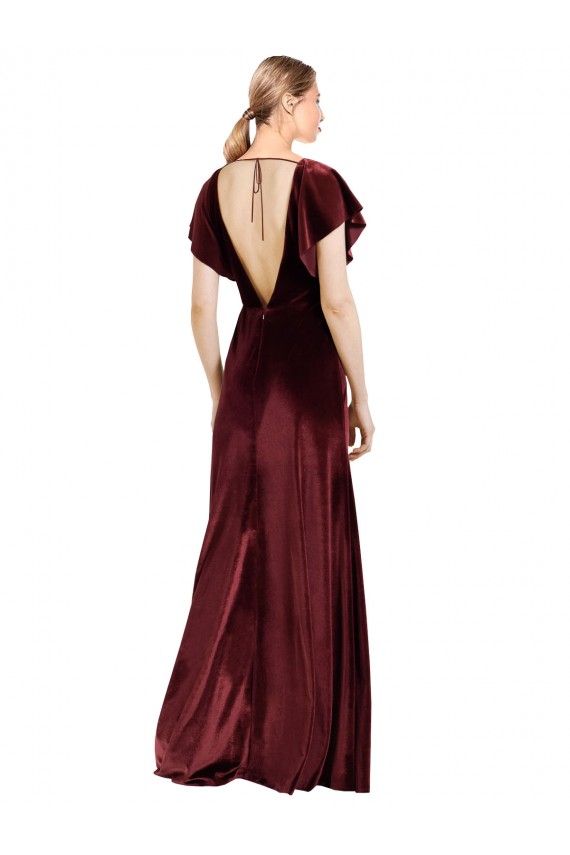 Discount Flutter Sleeves Burgundy Open Back A-Line V-Neck Prom Dress Canada