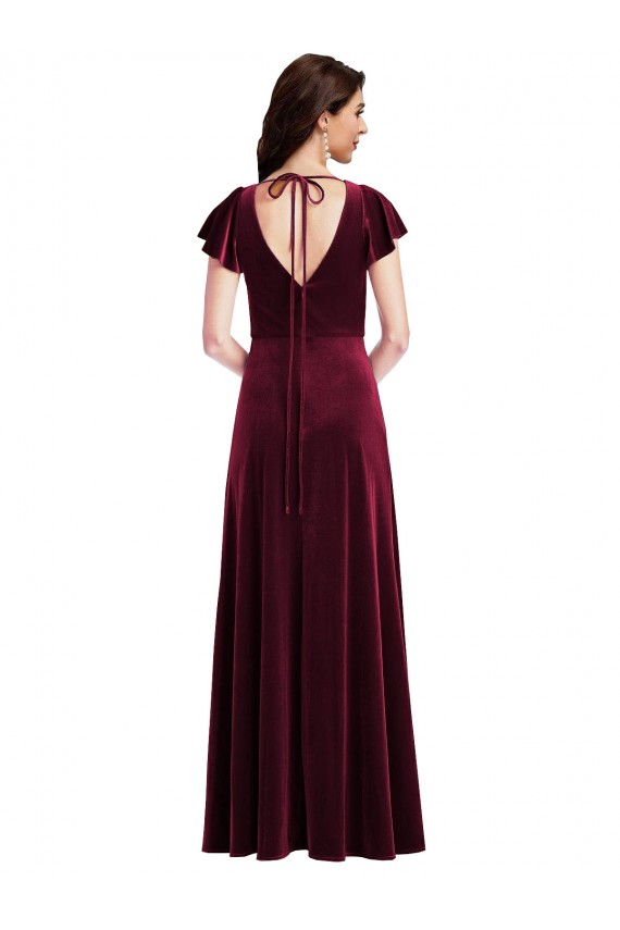 Discount Flutter Sleeves Burgundy A-Line V-Neck Prom Dress Canada