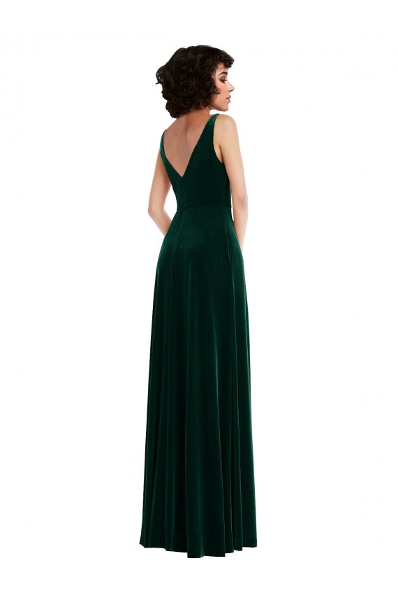 Discount Sleeveless Dark Green V-Back A-Line V-Neck Stretch Velvet Prom Dress Canada