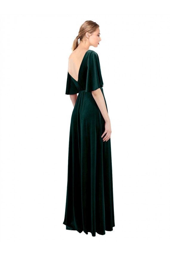 Discount Flutter Sleeves Dark Green V-Back A-Line V-Neck Prom Dress Canada