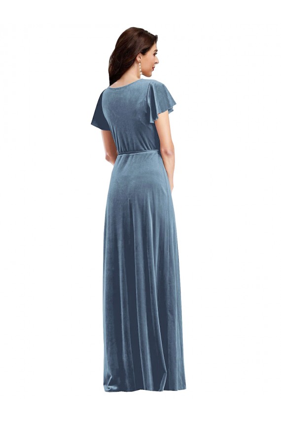 Discount Flutter Sleeves Dusty Blue A-Line V-Neck Black Tie Prom Dress Canada