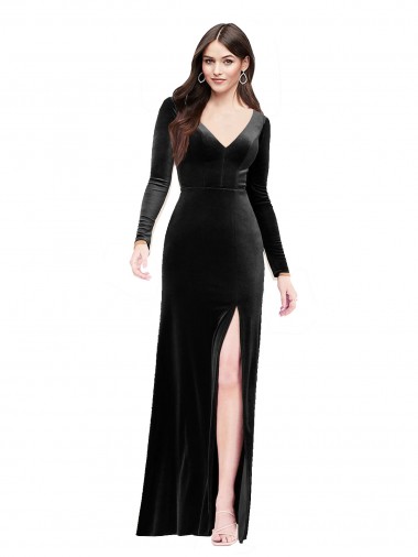 Discount Long Sleeves Black V-Back Column V-Neck Prom Dress Canada