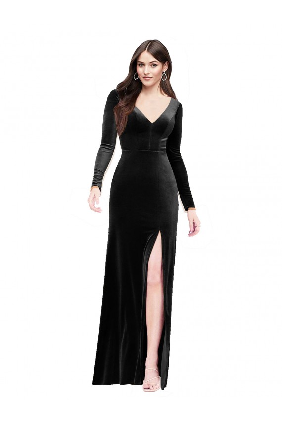 Discount Long Sleeves Black V-Back Column V-Neck Prom Dress Canada