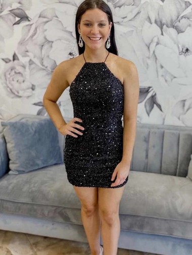 Discount Sleeveless Black Sheath Halter Neck Velvet Sequin Prom Dress Canada