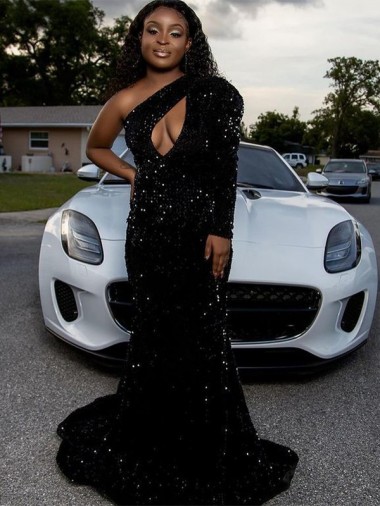 Discount Long Sleeves Black Sheath One Shoulder Prom Dress Canada