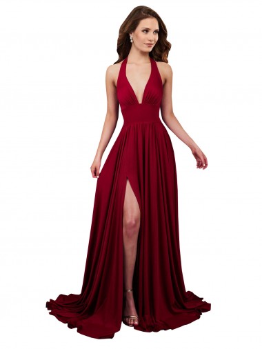Discount Sleeveless Burgundy Open Back A-Line Halter Neck Black Tie Prom Dress Canada