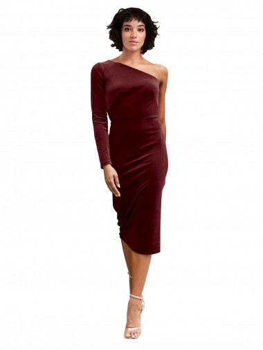 Discount Long Sleeves Burgundy A-Line One Shoulder Black Tie Prom Dress Canada