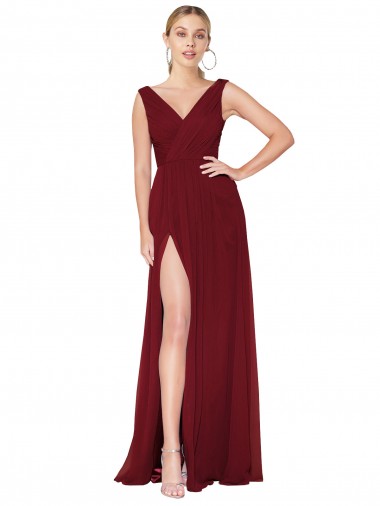 Discount Sleeveless Burgundy V-Back A-Line High Neck Soft Chiffon Prom Dress Canada