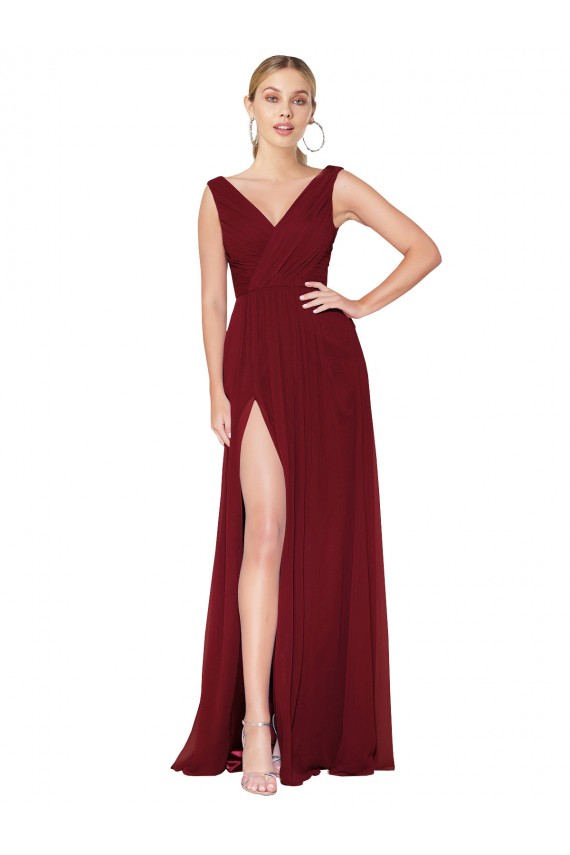 Discount Sleeveless Burgundy V-Back A-Line High Neck Soft Chiffon Prom Dress Canada