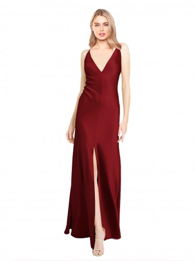 Discount Sleeveless Burgundy V-Back A-Line Stretch Satin V-Neck Black Tie Prom Dress Canada
