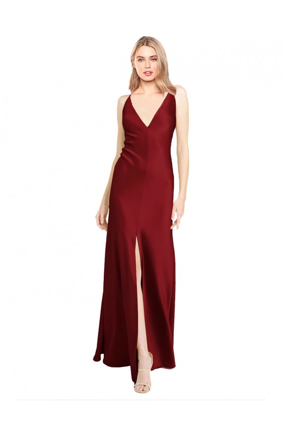 Discount Sleeveless Burgundy V-Back A-Line Stretch Satin V-Neck Black Tie Prom Dress Canada