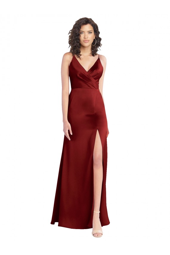Discount Sleeveless Burgundy V-Back A-Line Stretch Satin V-Neck Prom Dress Canada