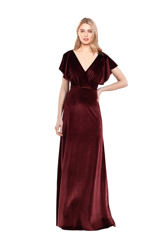 Discount Flutter Sleeves Burgundy Open Back A-Line V-Neck Prom Dress Canada