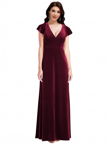 Discount Flutter Sleeves Burgundy A-Line V-Neck Prom Dress Canada