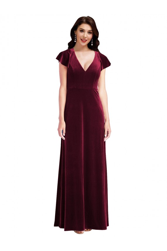 Discount Flutter Sleeves Burgundy A-Line V-Neck Prom Dress Canada