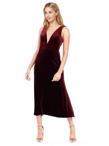 Discount Sleeveless Burgundy V-Back A-Line V-Neck Stretch Velvet Prom Dress Canada