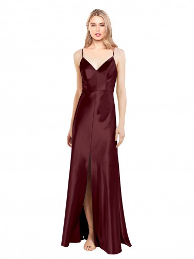 Discount Sleeveless Burgundy Gold A-Line Stretch Satin Spaghetti Straps Prom Dress Canada