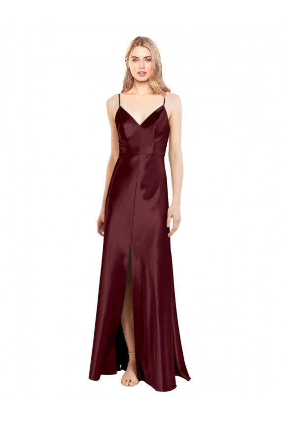 Discount Sleeveless Burgundy Gold A-Line Stretch Satin Spaghetti Straps Prom Dress Canada