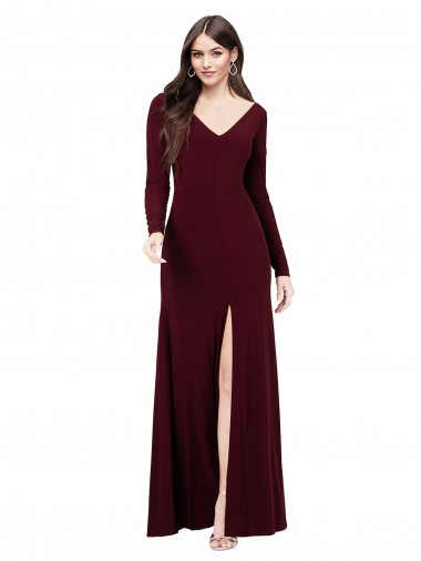 Discount Long Sleeves Burgundy Gold V-Back Sheath V-Neck Prom Dress Canada