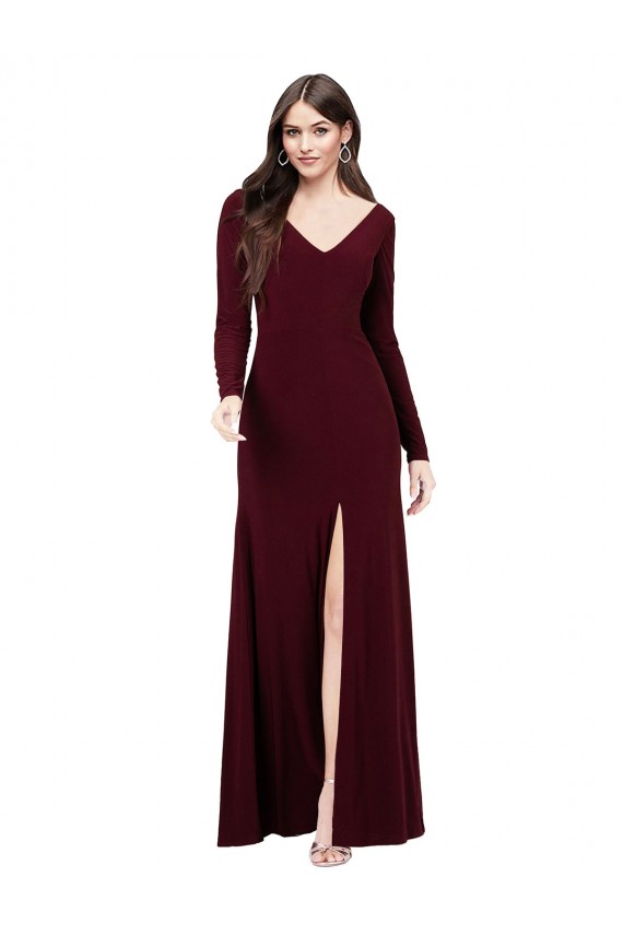Discount Long Sleeves Burgundy Gold V-Back Sheath V-Neck Prom Dress Canada