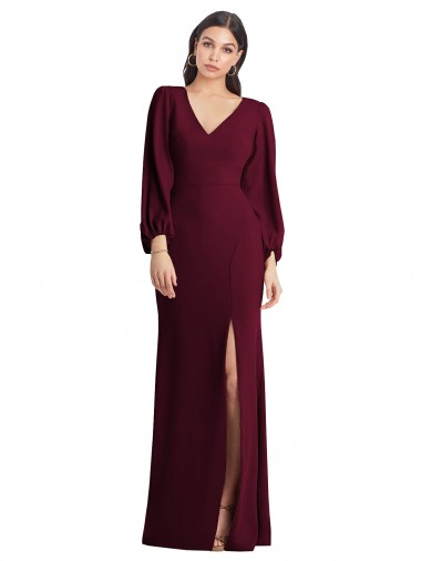 Discount Puff Sleeves Burgundy Gold Trumpet V-Neck Prom Dress Canada