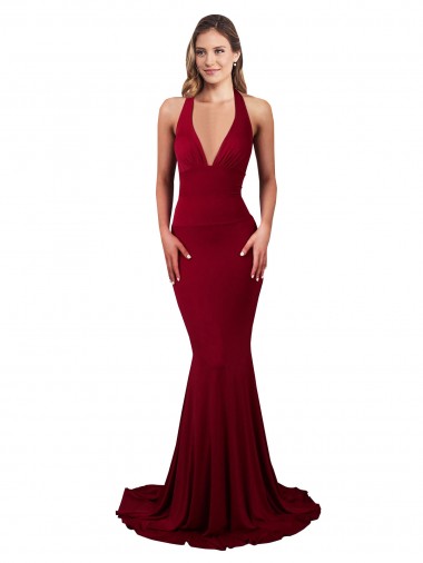 Discount Sleeveless Burgundy Open Back Mermaid Halter Neck Prom Dress Canada