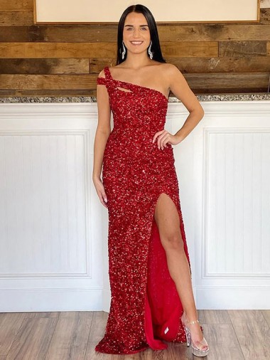 Discount Sleeveless Burgundy Sheath Velvet Sequin One Shoulder Prom Dress Canada