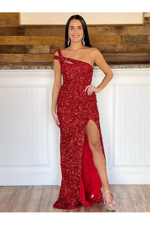 Discount Sleeveless Burgundy Sheath Velvet Sequin One Shoulder Prom Dress Canada