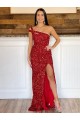 Discount Sleeveless Burgundy Sheath Velvet Sequin One Shoulder Prom Dress Canada