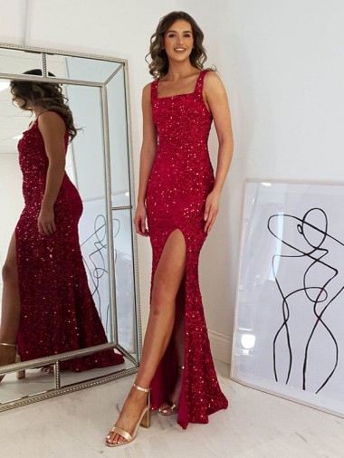Discount Sleeveless Burgundy Sheath Square Neck Prom Dress Canada