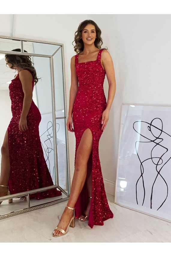 Discount Sleeveless Burgundy Sheath Square Neck Prom Dress Canada