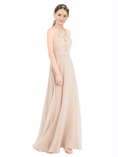 Discount Sleeveless Champagne Keyhole Back A-Line Halter Neck Prom Dress Canada