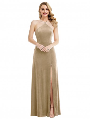 Discount Sleeveless Champagne Open Back A-Line Halter Neck Prom Dress Canada