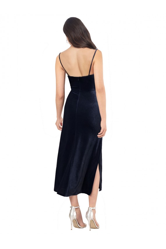 Discount Sleeveless Dark Navy Low Back Column Cowl Neck Prom Dress Canada