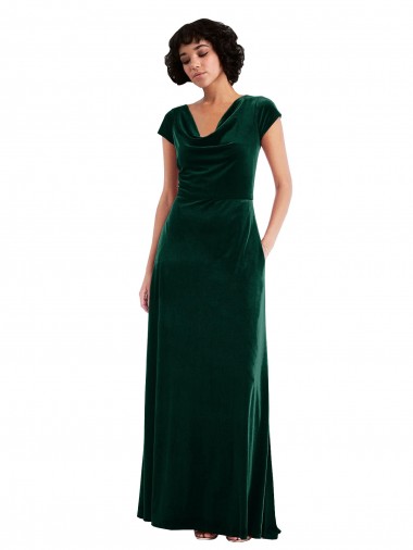 Discount Cap Sleeves Dark Green A-Line Cowl Neck Black Tie Prom Dress Canada
