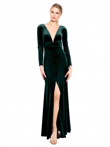 Discount Long Sleeves Dark Green Open Back A-Line V-Neck Black Tie Prom Dress Canada