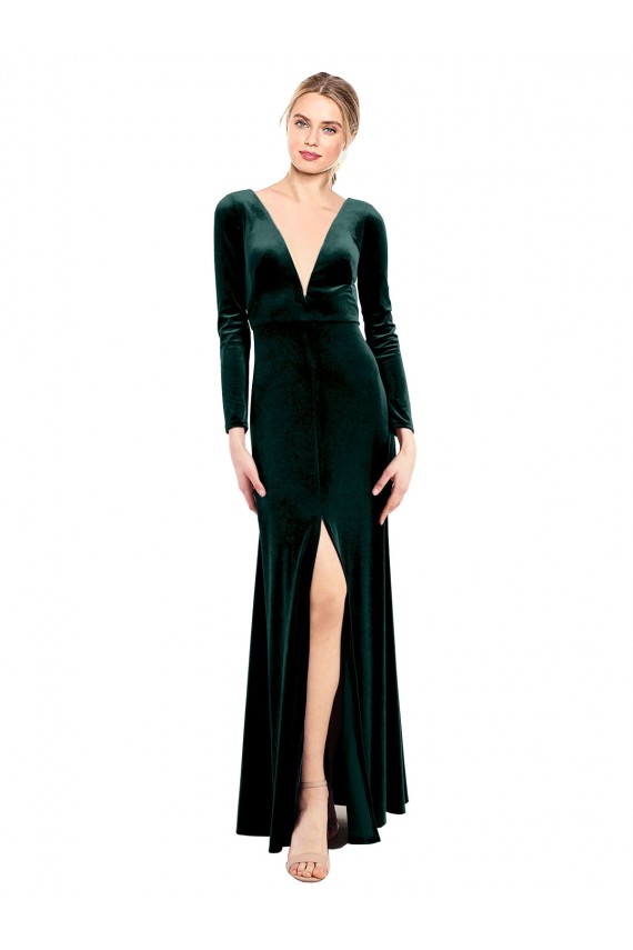 Discount Long Sleeves Dark Green Open Back A-Line V-Neck Black Tie Prom Dress Canada