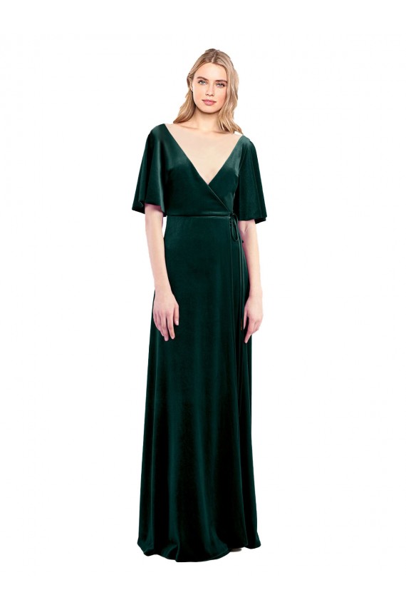 Discount Flutter Sleeves Dark Green V-Back A-Line V-Neck Prom Dress Canada