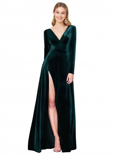 Discount Long Sleeves Dark Green A-Line V-Neck Black Tie Prom Dress Canada